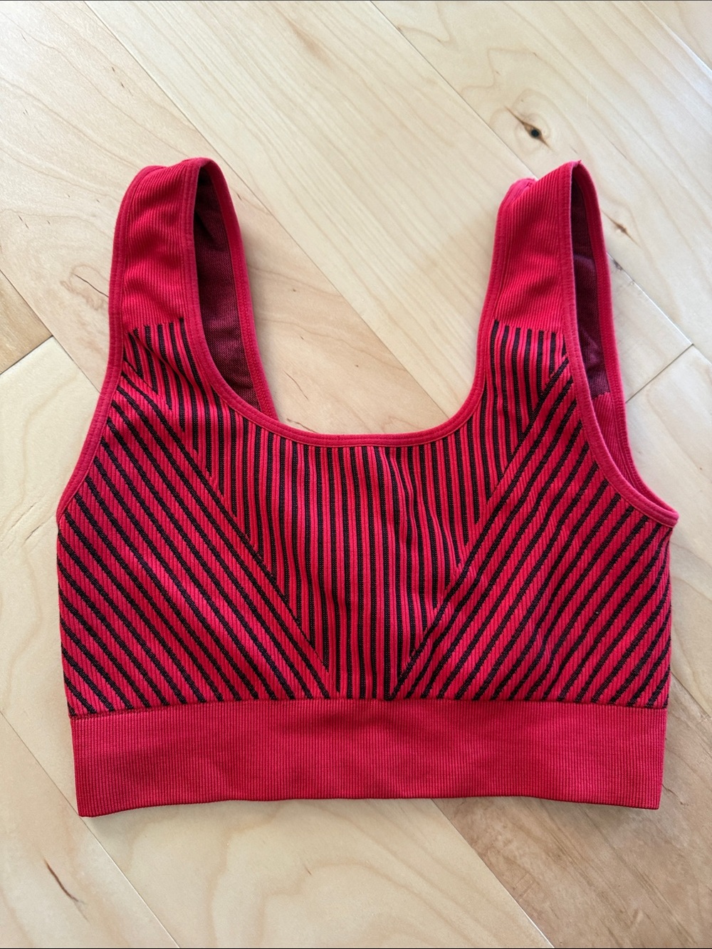 Fabletics Red and Black Striped Seamless Sports Bra